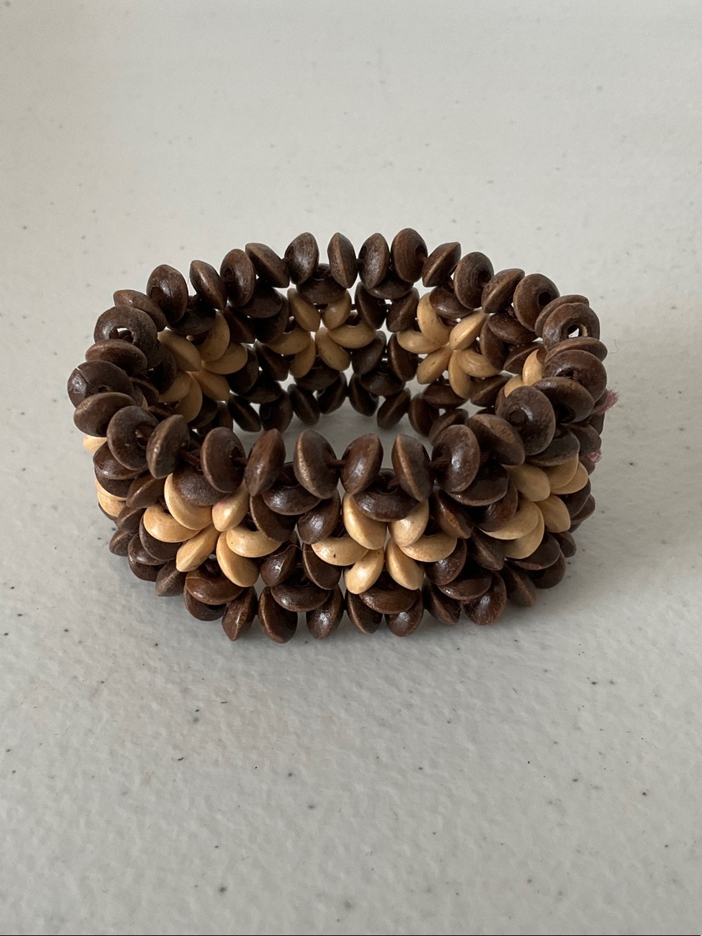 Bohemian Natural Brown and Tan Beaded Floral Stretch Bracelet